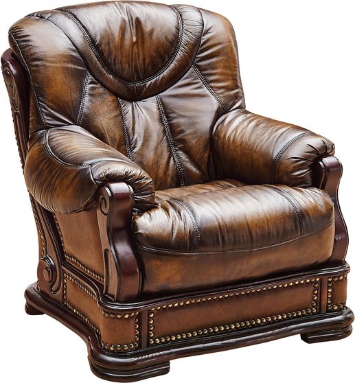 Genuine leather w/ wood trim chair in two-toned brown