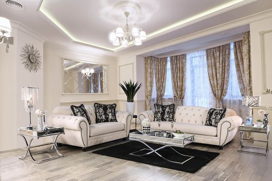 Cream linen-like fabric traditional US-made sofa