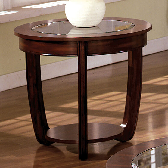 Dark cherry irregular shape end table w/ glass top
