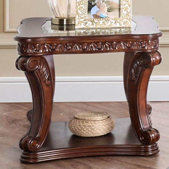Dark cherry wood traditional end table w/ glass