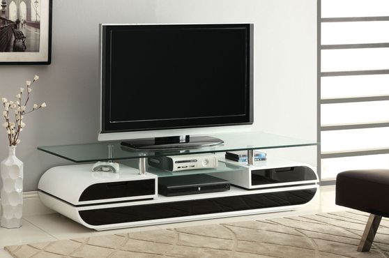 Curvy white lacquered base / glass top TV Stand