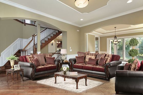 Dark burgundy rolled arms classic style sofa