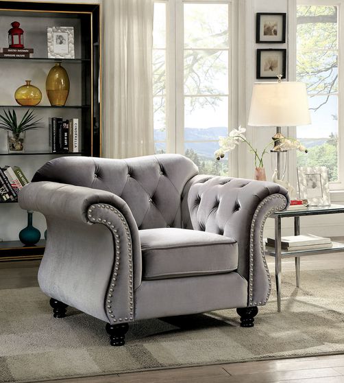 Gray fabric glam style tufted chair