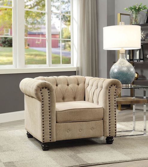 Ivory linen like fabric tufted style chair