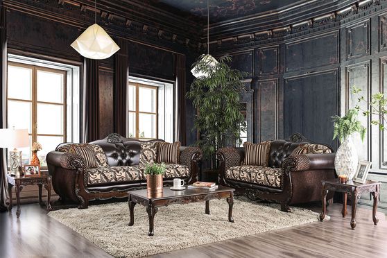 Traditional leatherette/chenille fabric sofa