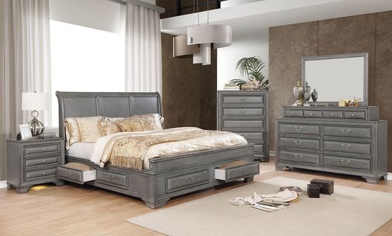 Light gray finish king storage bed w/ drawers