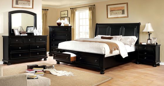 Black traditional king bed w/ footboard drawers