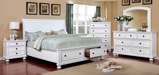 White traditional king bed w/ footboard drawers