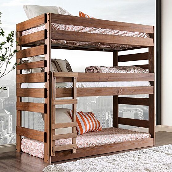 Twin triple decker kids bed in mahogany finish