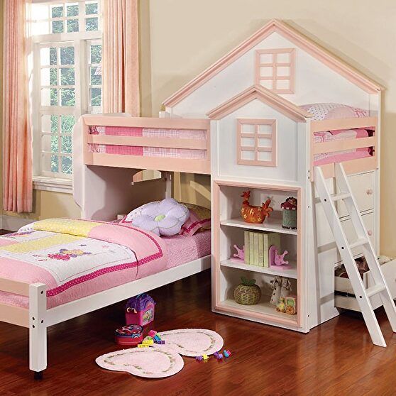 House design loft bed in white/pink finish