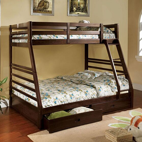Twin/full bunk bed in dark walnut finish w/ two drawers