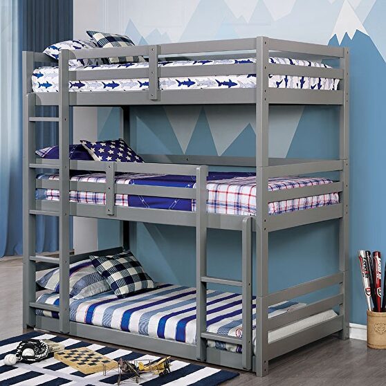 Triple-decker bunk bed in gray finish