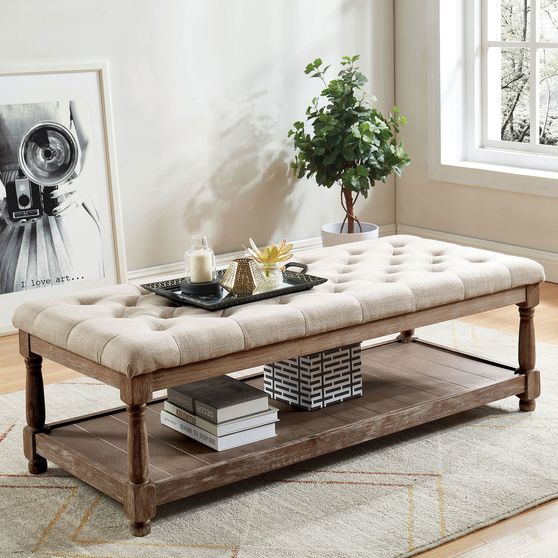 Beige linen fabric traditional bench