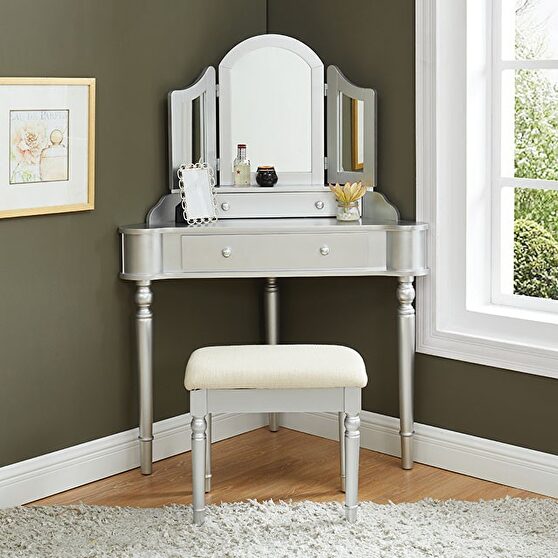 Silver finish contemporary vanity w/ stool