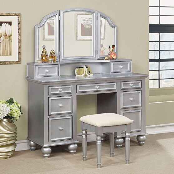 3-sided mirror silver vanity + stool set