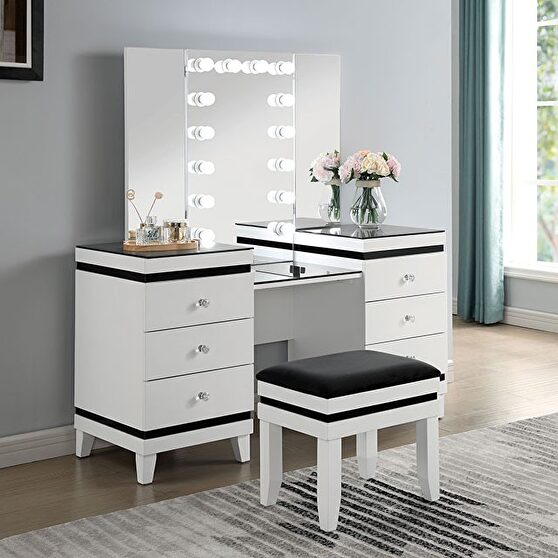 White/black rectangular mirror style vanity and stool set