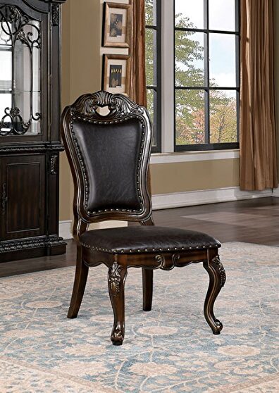 Leatherette seat dining chair in walnut/ dark brown finish