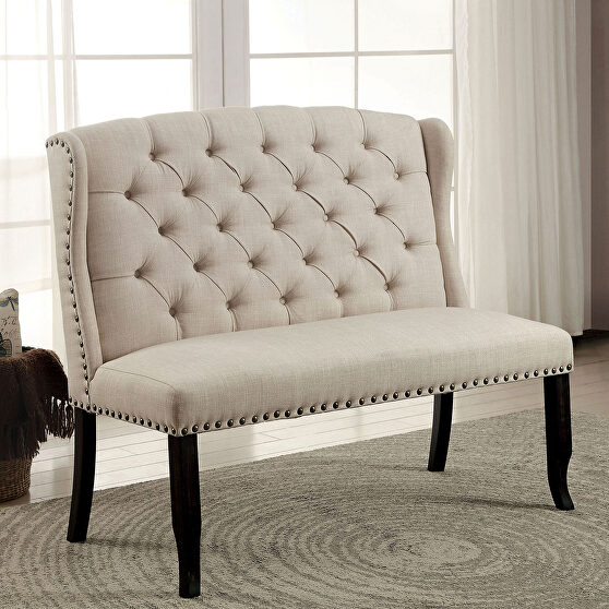 Antique black/beige linen-like fabric rustic bench