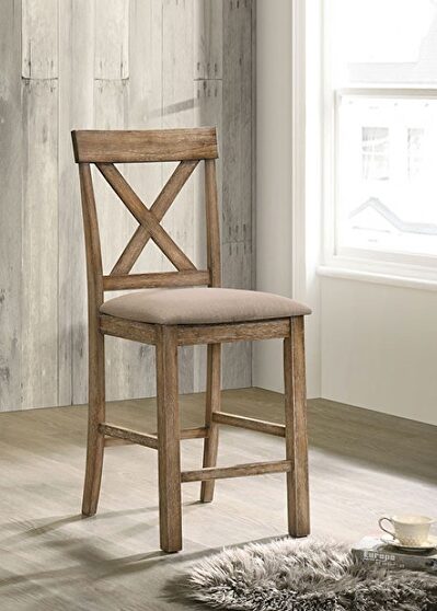 Rustic oak/ brown padded fabric seat counter height chair