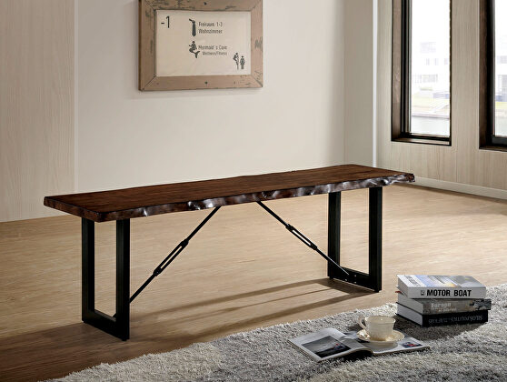 Walnut finish casual style industrial dining bench