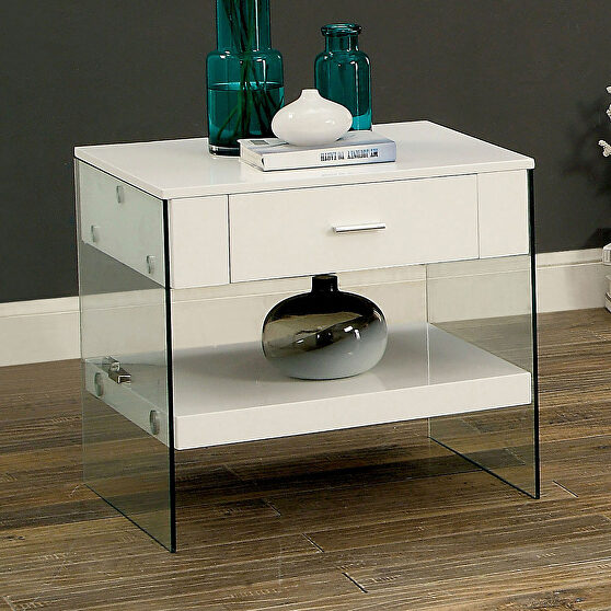 White end table w/ drawer and glass legs