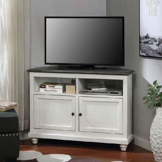 White/antique gray transitional TV stand