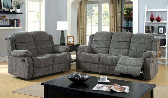 Gray transitional recliner sofa w/ 2 recliners