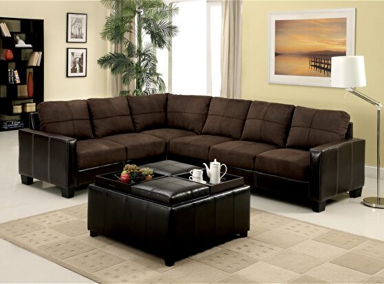 Two toned sectional sofa trimmed in espresso leatherette