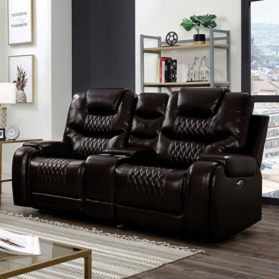 Diamond tufted brown faux leatheratte power recliner loveseat
