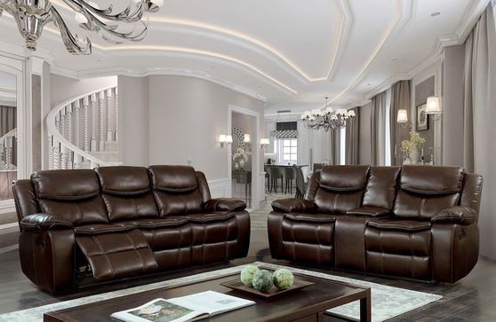 Brown transitional sofa w/ 2 recliners