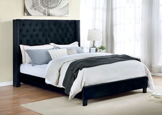 Black velvet-like fabric transitional style bed