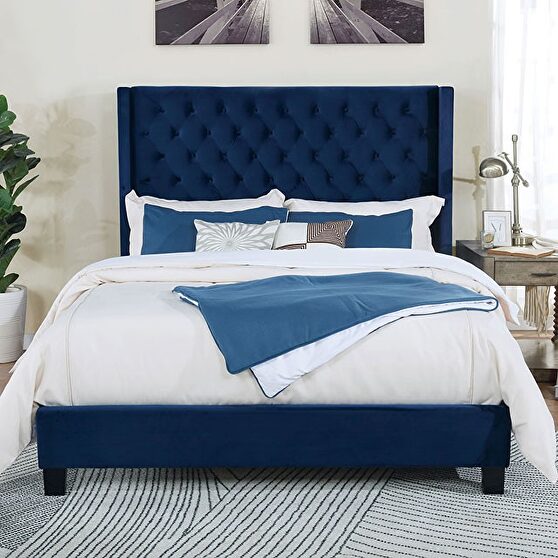 Navy velvet-like fabric transitional style bed