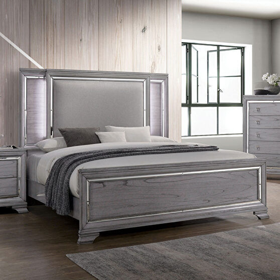 Gray padded headboard w/ led light trim king bed