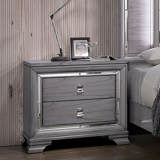 Gray finish mirror trim contemporary nightstand