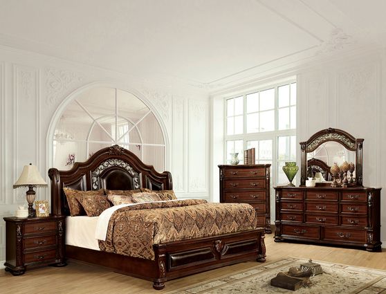 Traditional bed in dark cherry w/ carvings