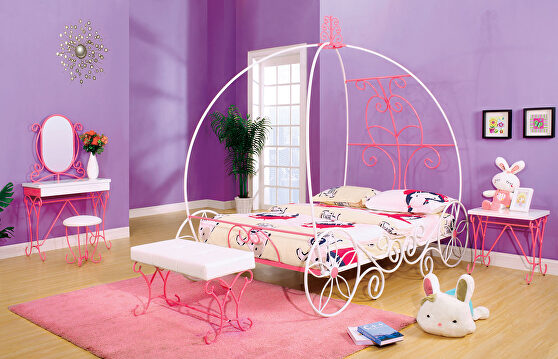 White/pink finish princess carriage design bed