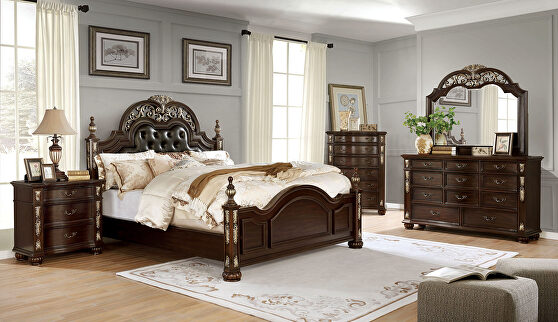 Brown cherry/ espresso button tufted padded headboard bed