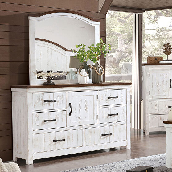 Distressed white/ walnut plank design transitional dresser