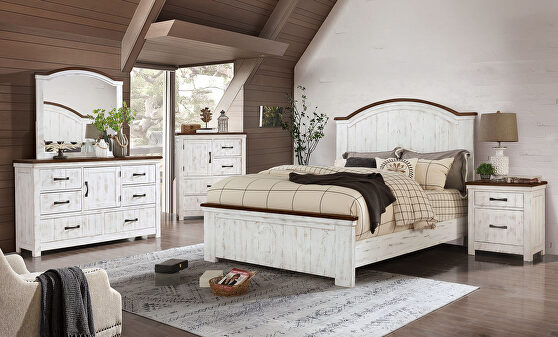 Distressed white/ walnut plank design transitional bed