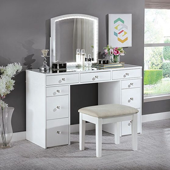 White contemporary mirror style vanity and stool set