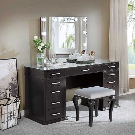 Obsidian gray glam mirror style vanity and stool set