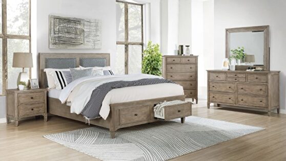Wire-brushed warm gray transitional style platfrom bed