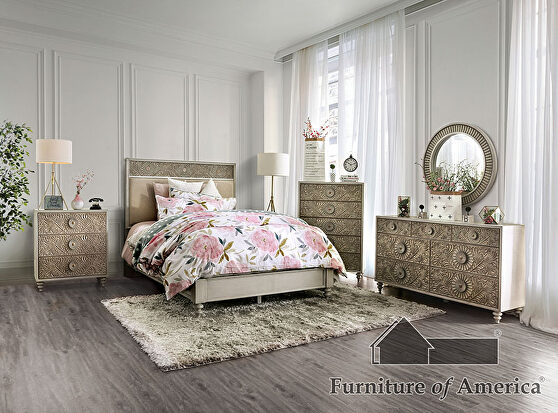 Beige fabric headboard polyresin floral design bed