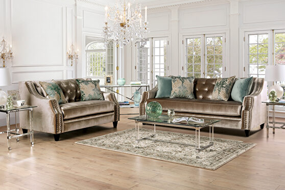 Transitional style champagne/ turquoise chenille fabric sofa