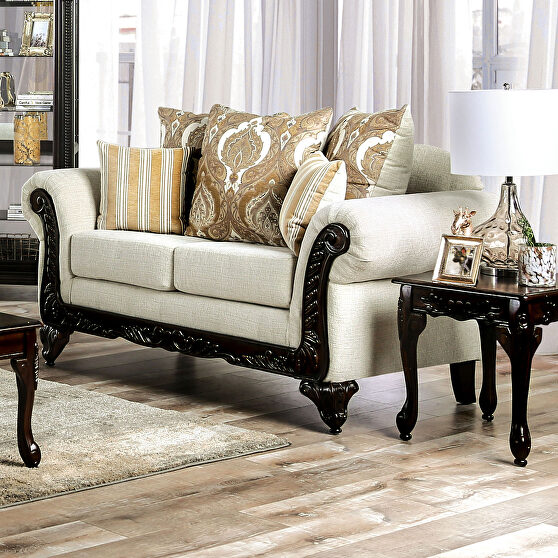 Soft-woven chenille fabric and polished wood loveseat