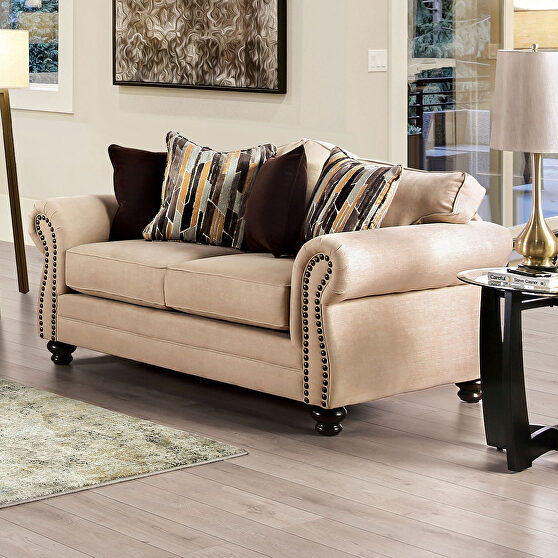Sand/ brown chenille fabric loveseat with individual nailhead trim