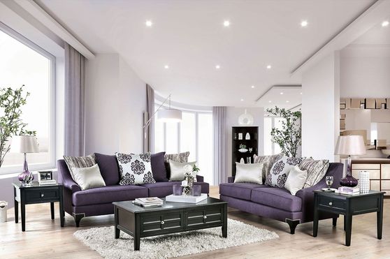 Purple chenille fabric sloped arms sofa
