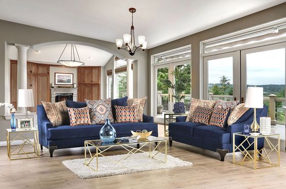 Navy chenille fabric sloped arms sofa