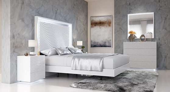 Stylish white glam style king bed w/ light