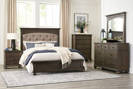 Wire-brushed rustic brown finish queen bed
